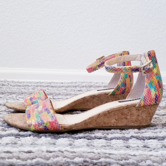 alex marie mairitwo metallic leather ankle strap wedge sandals